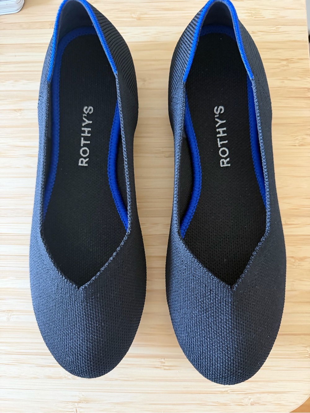 Rothy's Black Knit Flats with Blue Trim